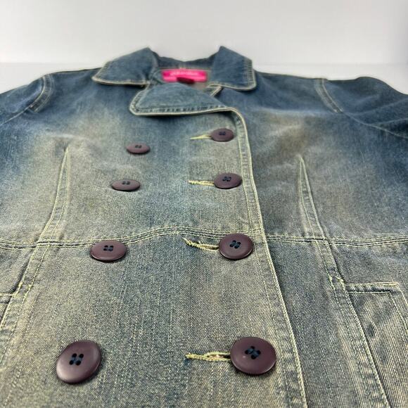 VTG 90s Xhilaration Double Breast Yellow Wash Distressed Denim Blazer Jacket M - Picture 4 of 9